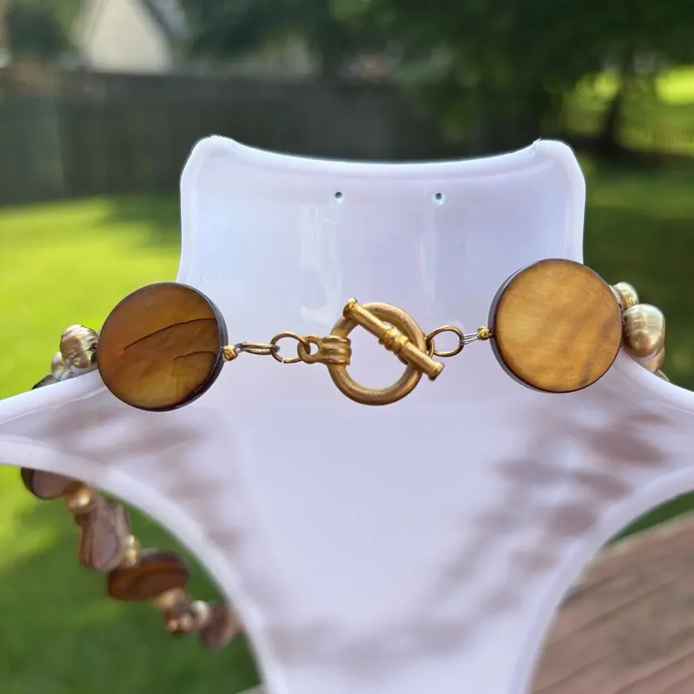 Vintage Chunky Brown Mother of Pearl Shell Statement Necklace 2 Strand Boho 17